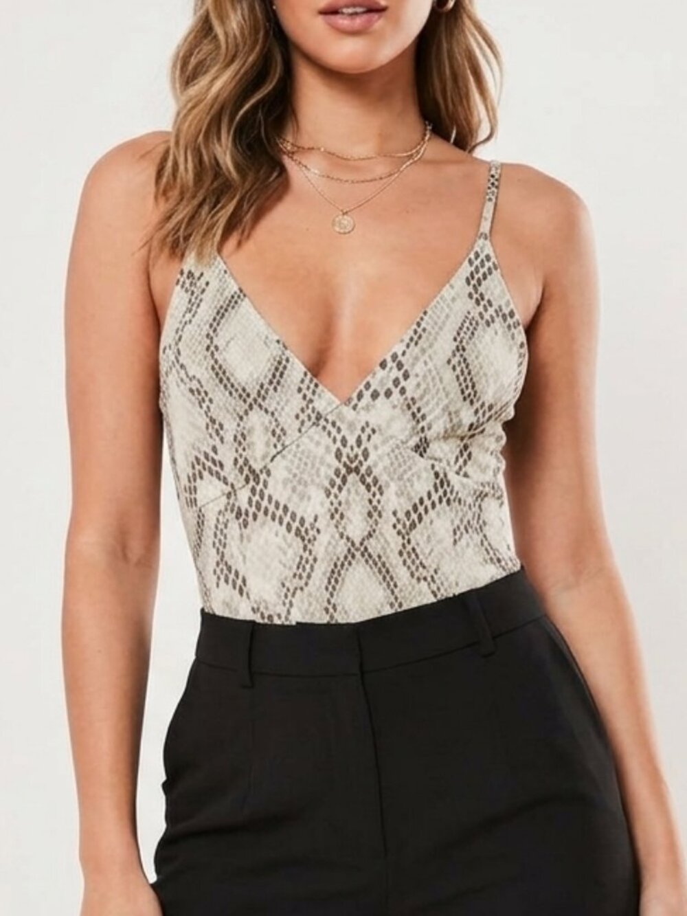 Missguided Snake Print Plunge V-Neck Neutral Thong Bodysuit Size‎ 4